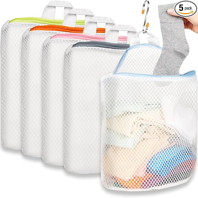 5Pcs Hanging Laundry Bags for Socks with S Hooks, 5 Color Mesh Laundry Bags for Washing Machine-CasaMuseHome