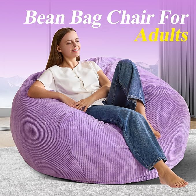 3.5FT Bean Bag Chairs Teardrop Bean Bag Chair for Adults Beanbag Chair with Memory Foam Filled Machine Washable Cover for Living Room, Bedroom (Large,Purple)-CasaMuseHome