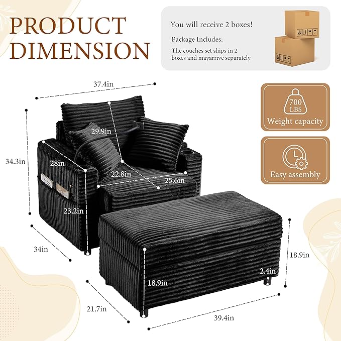 Accent Chair with Storage Ottoman Upholstered Living Room Chairs for Reading Chair with Chaise Lounge Chairs Indoor, Comfortable Armchair for Bedroom-CasaMuseHome