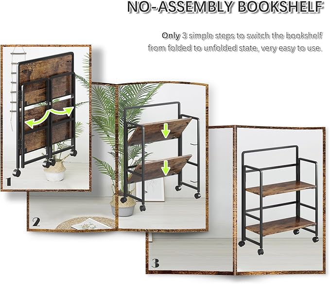 4NM 2 Tiers No-Assembly Folding Bookshelf with Wheels, Portable Rolling Storage Bookcase & Compact Side Table for Living Room, Bedroom, Kitchen, Bathroom (Rustic Brown and Black)-CasaMuseHome