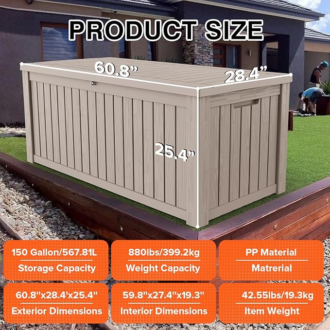 150 Gallon Double-Wall Resin Deck Box - Lockable Waterproof Outdoor Storage Box, 1000lbs Capacity & Doubles as Seating for Patio Furniture - Garden Tools, Pool Accessories (Brown)-CasaMuseHome