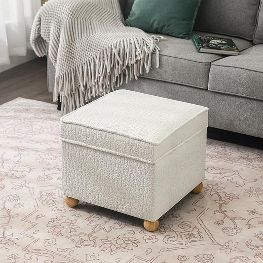 Adeco 17 Inch High Faux Fur White Cube Ottoman Storage, 3D Embossed Velvet Chair Foot Stools, Upholstered Vanity Stool with Hinged Lid, Solid Round Wood Legs-CasaMuseHome