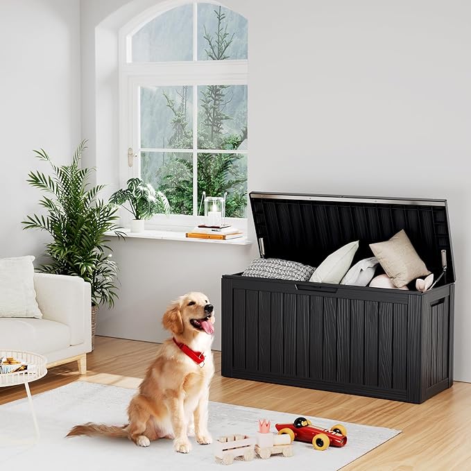 80 Gallon Outdoor Storage Box Waterproof Lockable Resin Deck Box Large, Patio Storage Bin for Pool Accessories Cushion Furniture, Garden Tools, UV-Resistant Outside Delivery Black-CasaMuseHome