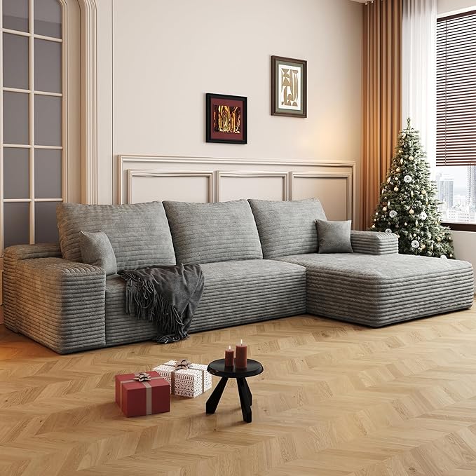 108" Sectional Couches for Living Room Modern Modular Sofa with L-Shape Couchs Upholstered Boneless Couch Deep Seat Sectional Couch with Chaise (Grey, Right Facing Chaise+2Seaters)-CasaMuseHome