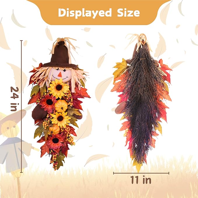 24" Rustic Fall Scarecrow Teardrop Swag – Farmhouse Sunflower & Pumpkin Wreath – Autumn Harvest Hanging Decor for Front Door, Wall, Porch, Indoor/Outdoor-CasaMuseHome