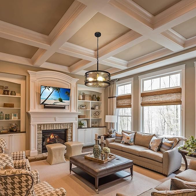 13" Industrial Drum Glass Chandelier, 3-Light Rustic Hanging Pendant Lights, Metal Round Lighting Fixture for Dining Room Foyer Entryway Hallway Bedroom, Clear Waterglass Drum Shade-CasaMuseHome