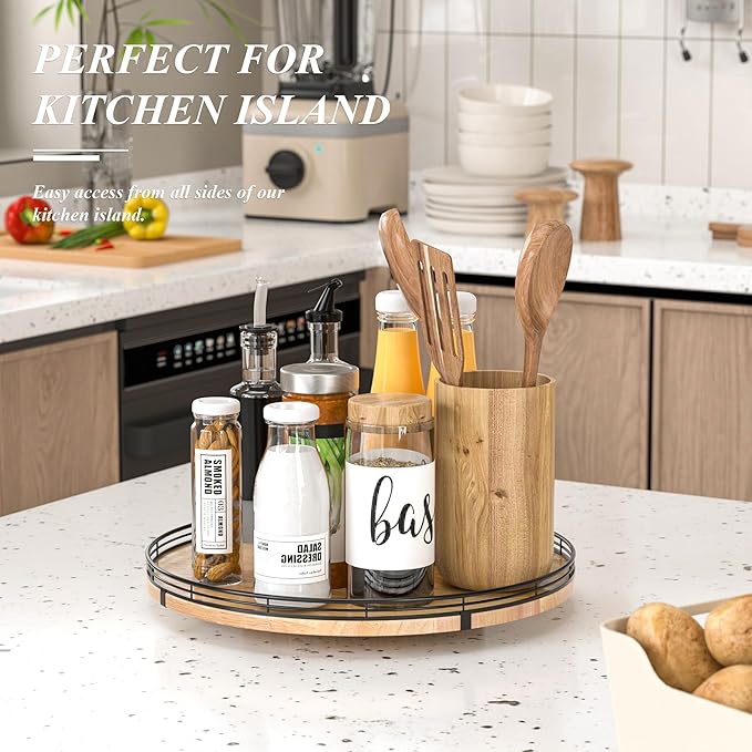 16" Lazy Susan Oak Wood Turntable Organizer for Cabinet, Farmhouse Round Wooden Large Lazy Susan Organization and Storage for Dining Table, Pantry, Kitchen, Bathroom, Countertop, Cupboard, Home Decor-CasaMuseHome