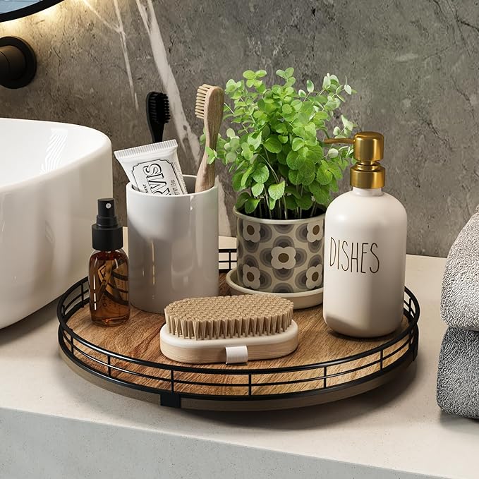 Acacia Wood 12" Lazy Susan Turntable Organizer for Table Top, Farmhouse Round Wooden Lazy Susan for Cabinet Kitchen Centerpieces Coffee Table, for Condiments Spices, Bathroom Vanity Tray Decor-CasaMuseHome