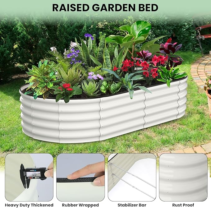 2 Pcs 6x3x1ft Oval Raised Garden Bed, Galvanized Raised Beds,Open-Ended Base Metal Raised Planter Beds,Garden Bed Outdoor,Planter Raised Boxes for Vegetables, Flowers,Tool-Free Asse,White-CasaMuseHome