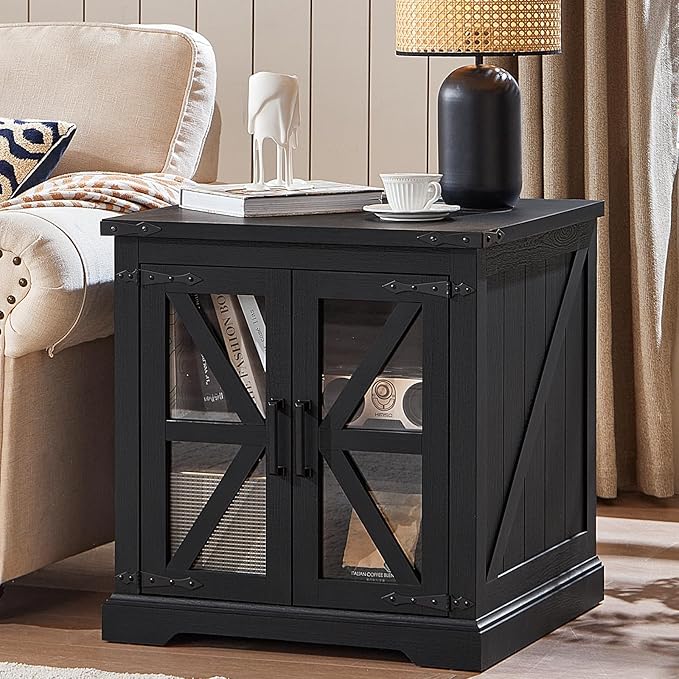 24" End Table with Charging Station, Farmhouse Night Stand with Glass Barn Door, Black Nightstands with Adjustable Storage Shelf, Large Wood Square Bed Side Table for Living Room,Bedroom-CasaMuseHome