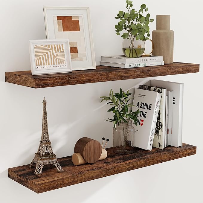 40 Inch Floating Shelvese, 40" W x 9" D Floating Shelf Set of 2, Farmhouse Wood Wall Shelves for Bedroom, Kitchen, Wall Mounted Deep Shelving for Home Decor, Rustic Brown Color-CasaMuseHome