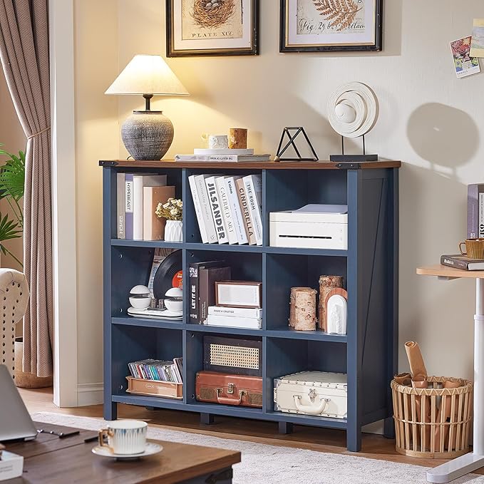 9 Cube Bookcase, Farmhouse 47 Inch Wide Navy Blue Bookshelf, Wooden 3 Tier Display Large Open Book Shelf, Vintage Horizontal Book Case for Home Office, Cubby Storage Cabinet for Living Room-CasaMuseHome