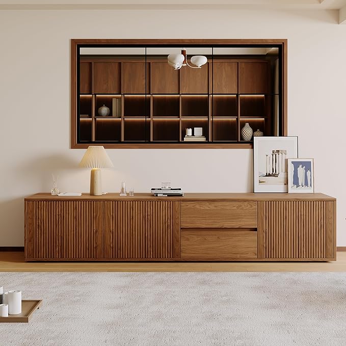 79" Mid-Century Modern TV Stand for Living Room, Farmhouse Entertainment Center with Storage & Drawers, Fluted Design Wood TV Console for Home Theater Office-CasaMuseHome