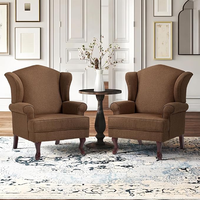 Accent Chair, High Back Upholstered Armchair with High Resilience Sponge & Wood Legs, Mid-Century Modern Comfy Single Sofa Reading Chairs for Living Room, Bedroom (Brown, Set of 2)-CasaMuseHome
