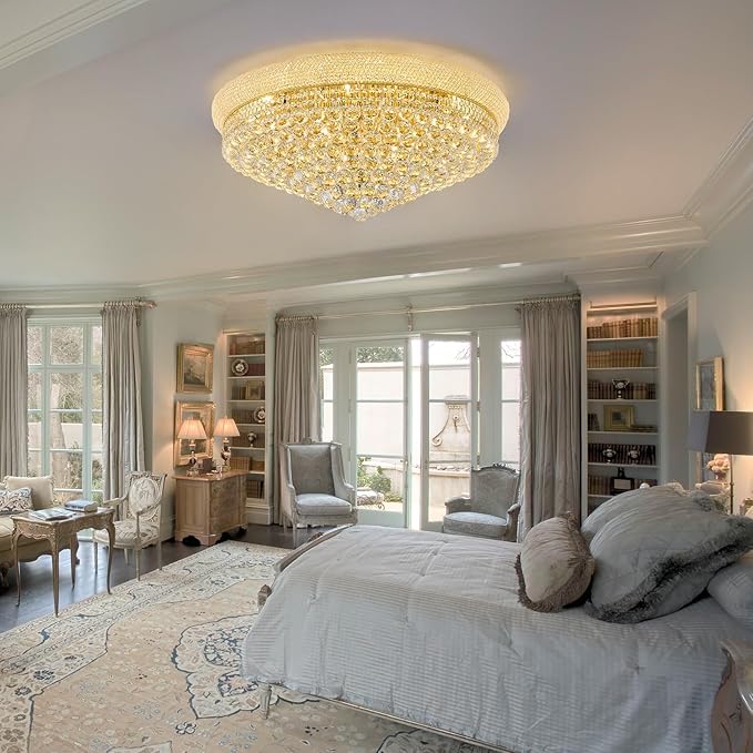 18-Light 32 inch Large Crystal Chandelier Flush Mount Ceiling Light Fixture for Living Room Dining Room Bedroom Foyer Entryway Gold Finish-CasaMuseHome
