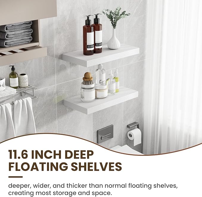 24 Inch Floating Shelves, 12 Inch Deep Floating Shelves for Wall, Floating Shelf with Invisible Brackets, Deep Shelves for Bathroom, Bedroom, Living Room, 2 Pack, White-CasaMuseHome