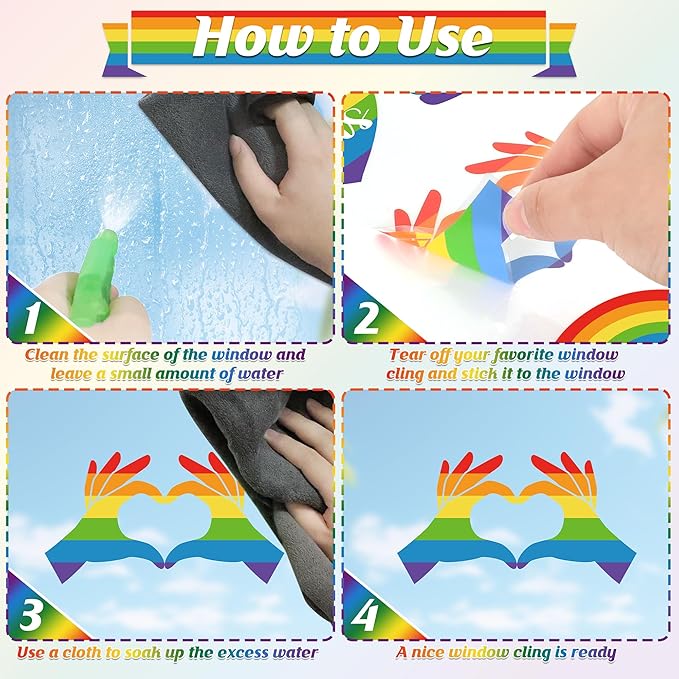 9 Sheets LGBT Rainbow Window Clings, Pride Decorations Window Cling, Gay Love Heart Stickers, Double-Side Pride Wall Clings Decals for Pride Day LGBTQ Rainbow Party Parades Supplies Decor-CasaMuseHome