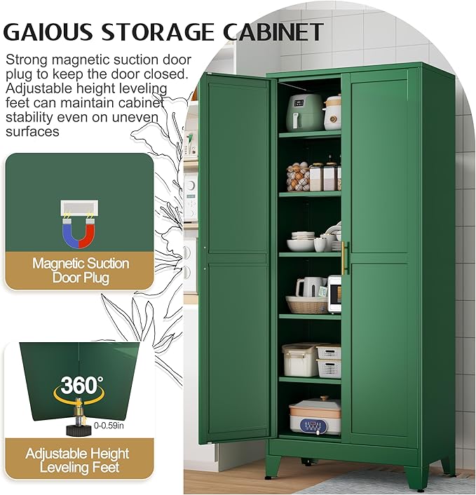 75.2" Tall Kitchen Food Pantry, Pantry Cabinet with 2 Door and 5 Adjustable Shelves, Green Laundry Room Cabinets, Freestanding Pantry for Kitchen, Study Room, Dining Room and Entryway-CasaMuseHome