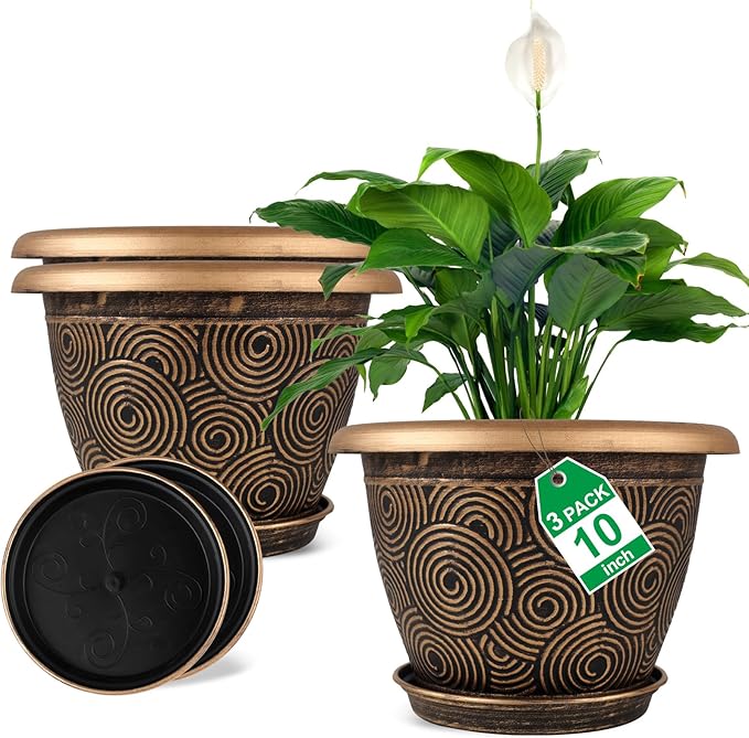 10 Inch Flower Pots Planters for Indoor Outdoor Plants, 3 Pack Plastic Large Plant Pots with Drainage Hole & Tray, Modern Decorative Garden Pot with Saucer, Plant Container for House-CasaMuseHome