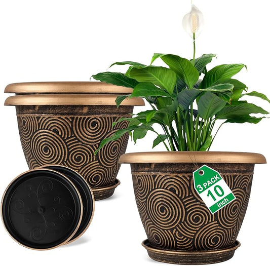10 Inch Flower Pots Planters for Indoor Outdoor Plants, 3 Pack Plastic Large Plant Pots with Drainage Hole & Tray, Modern Decorative Garden Pot with Saucer, Plant Container for House-CasaMuseHome