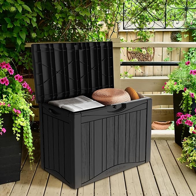 50 Gallon Lockable Resin Deck Box, Waterproof & UV-Resistant Outdoor Storage Box for Outdoor Cushion Storage, Garden Tools & Pool Accessories Storage, Black-CasaMuseHome