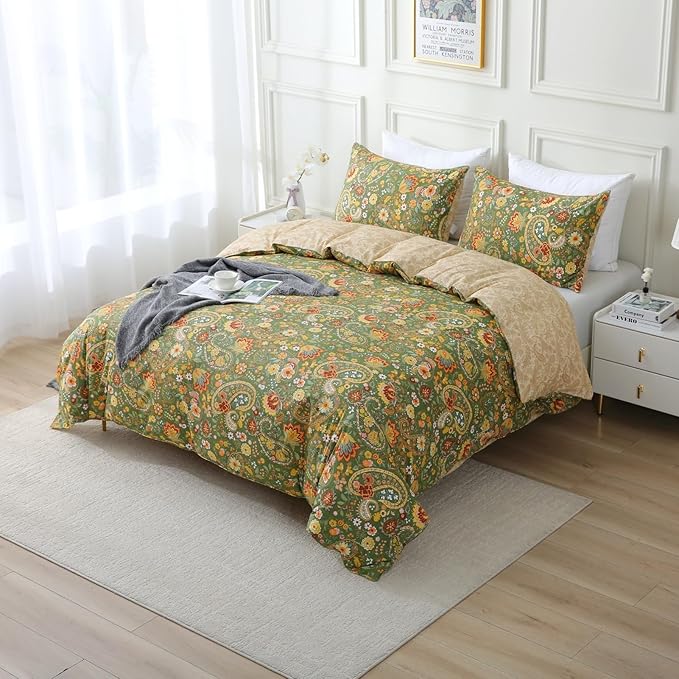 ABREEZE Paisley Bedding Sets 3Pcs Brushed Cotton Duvet Cover Set King Size Rustic Damask Green Floral Comforter Cover with Zipper Closure Boho Bedding Collections-CasaMuseHome