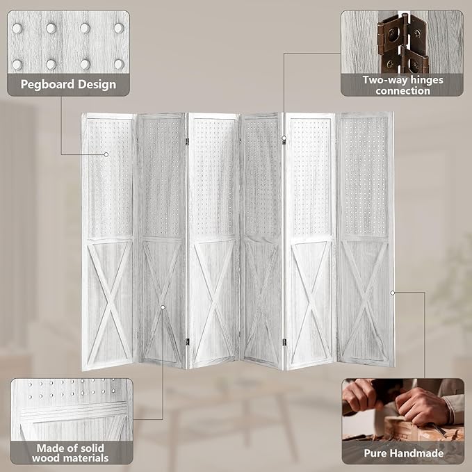 6 Panel Pegboard Room Divider, 5.6Ft Pegboard Display Folding Privacy Screens, Wood Room Divider Peg Board Display Freestanding for Trade Show Craft Show Home Wall Organizer, Retro White-CasaMuseHome