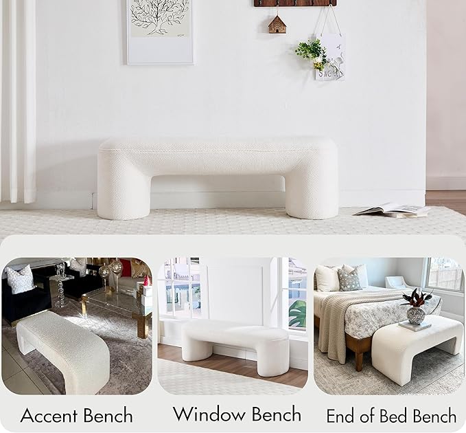 3-Piece 53" Comfy Upholstered Dining Bench with 2 Ottomans, Accent Waterfall Bench Modern End of Bed Entryway Bench Vanity Stool, White Chenille-CasaMuseHome
