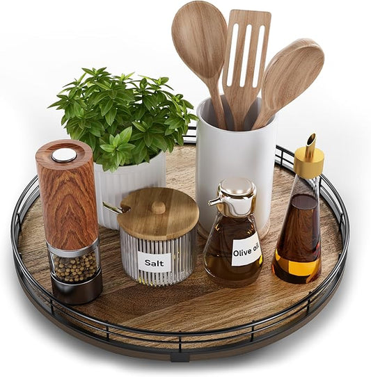Acacia Wood 13" Lazy Susan Turntable Organizer for Table Top, Farmhouse Round Wooden Lazy Susan for Cabinet Kitchen Centerpieces Coffee Table, for Condiments Spices, Bathroom Vanity Tray Decor-CasaMuseHome