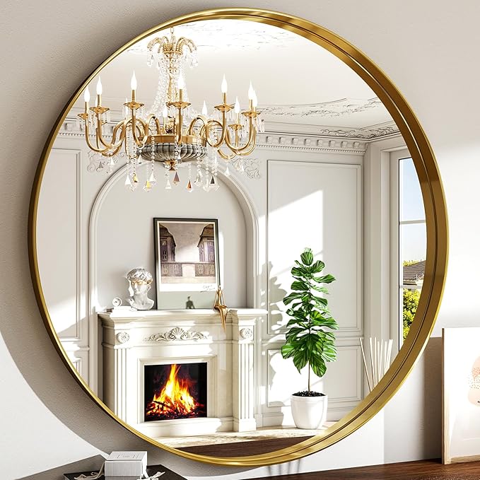 48 Inch Round Bathroom Mirror - Wall Mounted Circle Mirror with Metal Frame, Modern Mirror Suitable for Bathroom, Vanity, Entryway, Living Room, Wall Decor,Gold-CasaMuseHome