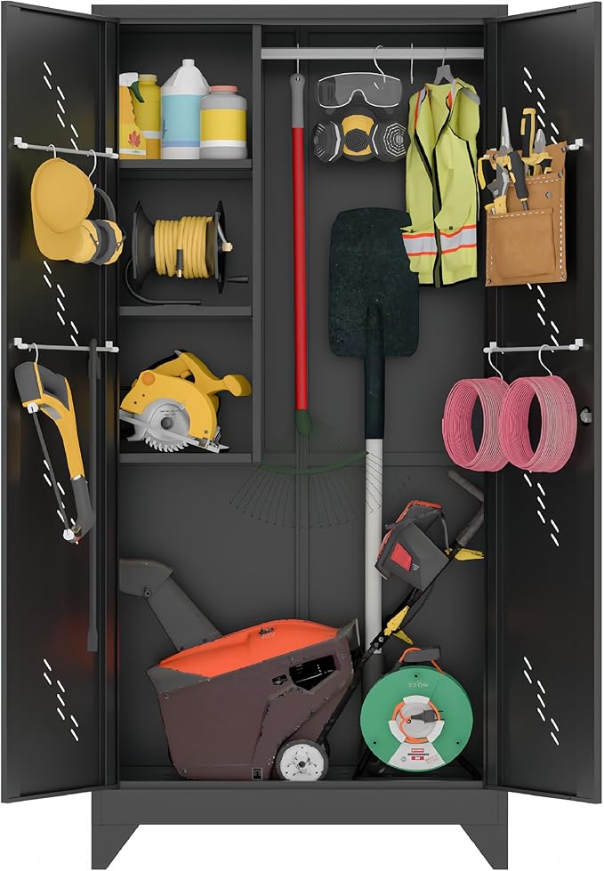 75" Metal Storage Cabinet, Tool Cabinets with Hooks, Garage Storage Cabinet with Lock, Heavy-Duty Tool Cabinet for Utility Room, Gym, Basement, Broom Closet Cabinet, Black-CasaMuseHome