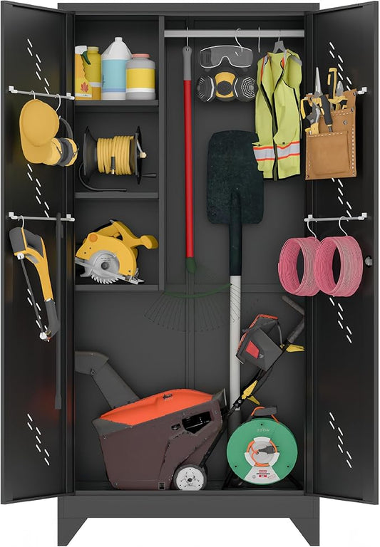 75" Metal Storage Cabinet, Tool Cabinets with Hooks, Garage Storage Cabinet with Lock, Heavy-Duty Tool Cabinet for Utility Room, Gym, Basement, Broom Closet Cabinet, Black-CasaMuseHome