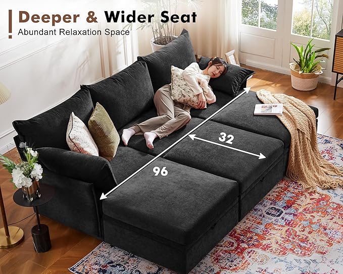 134.6" Modular Sectional Sofa, Oversized 4 Seater Couch with Removable Black Chenille Fabric Cover, Deep Seat & High Backrest for Living Room, Office & Apartment-CasaMuseHome