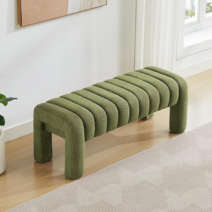 43.3" Bedroom Bench, Upholstered Entryway Bench, Modern End of Bed Ottoman with Solid Wood Legs and Adjustable Foot Pegs for Entryway, Dining Room and Living Room (Green Boucle)-CasaMuseHome