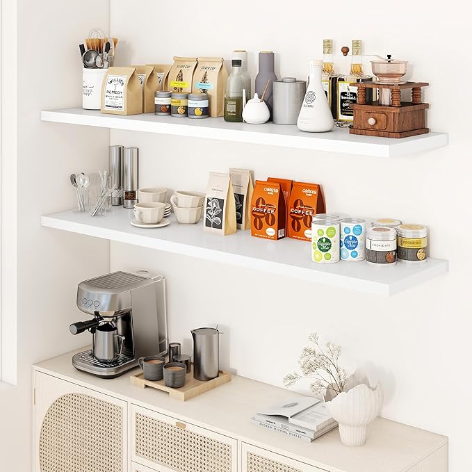 55" Floating Shelves for Wall, 12" Deep Slim White Floating Shelves, Wall-Mounted Shelves for Bedroom, Living Room, Kitchen, Bathroom - Set of 2-CasaMuseHome