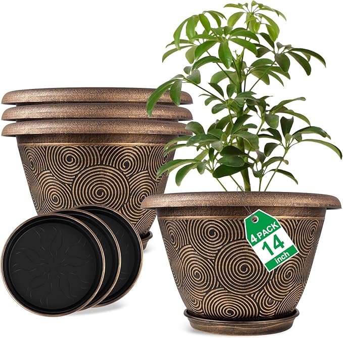 14 Inch Large Planter Pot for Plants Indoor Outdoor, 4 Pack Plastic Flower Pots with Drainage Hole & Tray, Modern Decorative Garden Pot with Saucer, Plant Container for House-CasaMuseHome