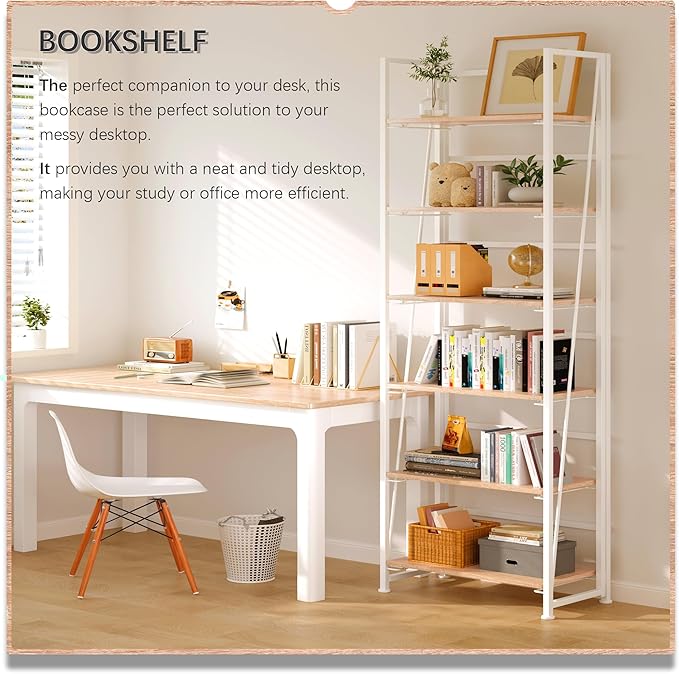 4NM No Assembly Foldable Bookshelf, 6-Shelf Collapsible Bookcase Storage for Small Spaces, 74" H, Natural White-CasaMuseHome