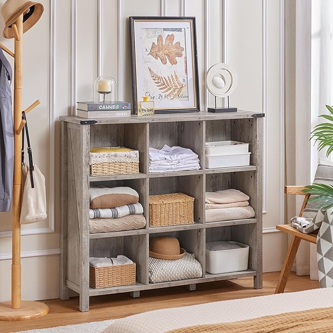 9 Cube Bookcase, Farmhouse 47 Inch Wide Grey Oak Bookshelf, Wooden 3 Tier Display Large Open Book Shelf, Vintage Horizontal Book Case for Home Office, Cubby Storage Cabinet for Living Room-CasaMuseHome