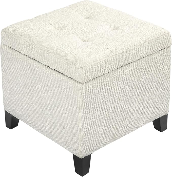 Adeco 18 Inch High Cube Ottoman Storage, Linen Chair Foot Stools, Upholstered Vanity Stool with Hinged Lid, Solid Wood Legs (White Circle Yarn)-CasaMuseHome