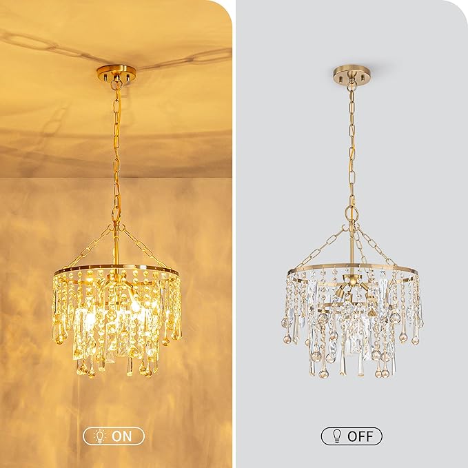 3-Lights K9 Crystal Chandeliers, Luxury Vintage Pendant Light Fixture for Dining Room, Living Room, D15*H20.4~66.8 inch (Adjustable), Clear Crystal & Gold Finish-CasaMuseHome