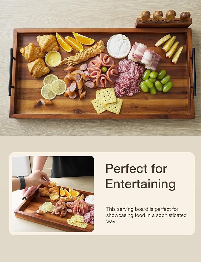 Acacia 30 Inch Large Charcuterie Board with Cheese Knife Set of 4 – Acacia Wood Serving Tray With Handles, Long Charcuterie Board, Large Charcuterie Boards for Party, Wooden Cheese Board-CasaMuseHome