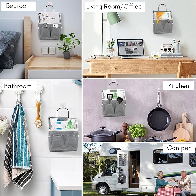 3pcs Small Wall Hanging Organizer Bag, Linen Fabric Door Hanging Storage Basket with Pockets, Waterproof Bin for Kitchen, Bedroom, Office, RV Camper (Gray)-CasaMuseHome
