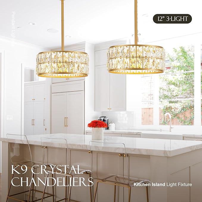 12” 3-Light Modern Crystal Chandeliers Gold Dinning Room Light Fixture, Round Pendant Light Kitchen Island Chandelier, Flush Mount Ceiling Light for Living Room Entryway Bedroom Foyer-CasaMuseHome