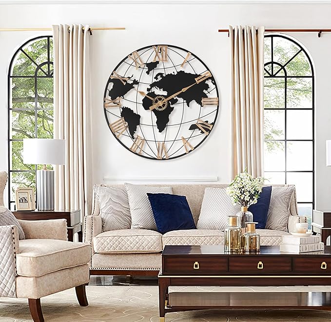 24 Inch Large Wall Clock for Living Room Decor,Big Modern Decorative Silent World Map Metal Wall Clock with Vintage Gold Roman Numeral for Office,Living Room,Kitchen,Dining Room-CasaMuseHome