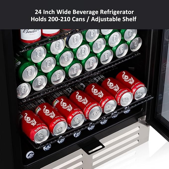 24 Inch Beverage Refrigerator Cooler,210 Cans Wide Beverage and Beer Fridge with Glass Door and Powerful Cooling Compressor, Built-in/Freestanding Drink Fridge for Kitchen, Bar or Office-CasaMuseHome