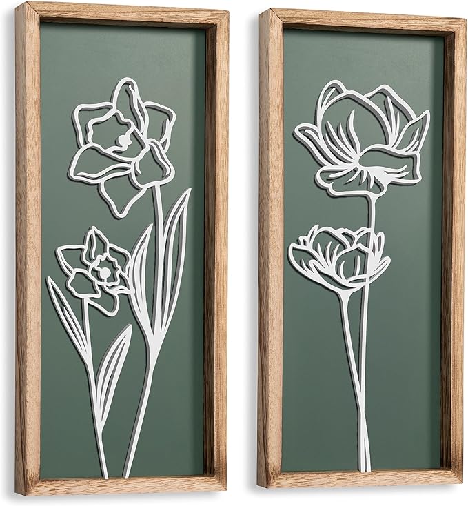 3D Floral Green Wall Art (Set of 2) Lightweight, Wooden Ready-to-Hang Boho Framed Wall Art for Bathroom, Bedroom, Living Room or Office – Premium Sage Green Farmhouse Decor – Gift-Boxed-CasaMuseHome