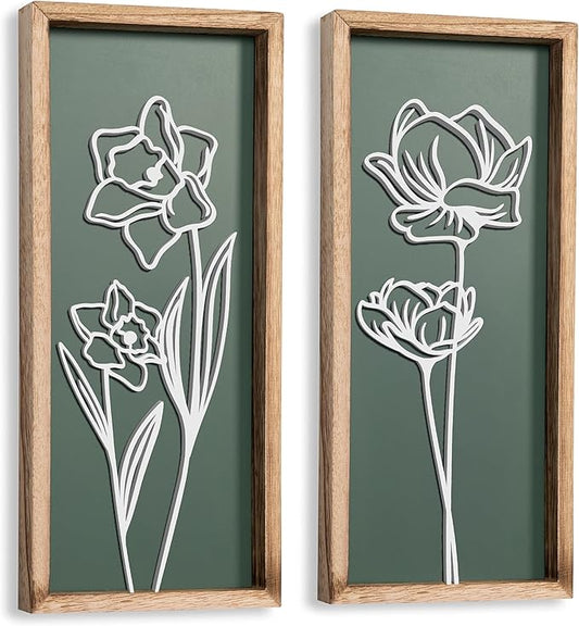 3D Floral Green Wall Art (Set of 2) Lightweight, Wooden Ready-to-Hang Boho Framed Wall Art for Bathroom, Bedroom, Living Room or Office – Premium Sage Green Farmhouse Decor – Gift-Boxed-CasaMuseHome