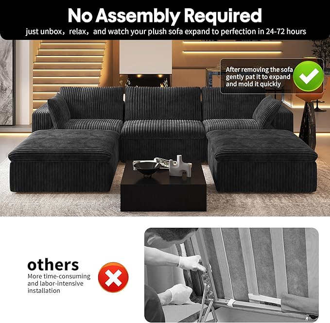 118" U Shaped Modern Sofa Modular Sectional Cloud Couch with 2 Ottoman,Upholstered Couches with Plush Corduroy Fabric for Living Room Furniture,Bedroom and Apartment,No Assembly Required,Black-CasaMuseHome
