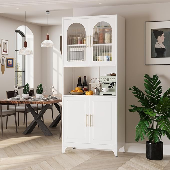75" Tall Kitchen Pantry Cabinet, Metal Storage Cabinets with Acrylic Doors and Adjustable Shelves, Hutch Cabinet with Storage, White Microwave Stand Cabinets for Dining Living Room-CasaMuseHome