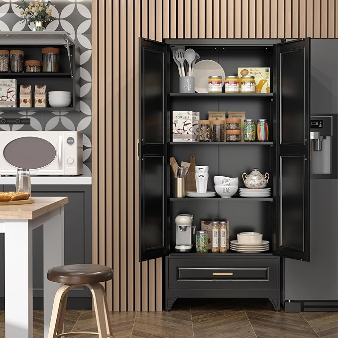 75" Kitchen Pantry Cabinet with Drawer, Metal Storage Cabinets with Doors and 4 Adjustable Shelves,Black Kitchen Cabinet with 2 Gold Handles,Food Cupboard for Livingroom,Pantry-CasaMuseHome